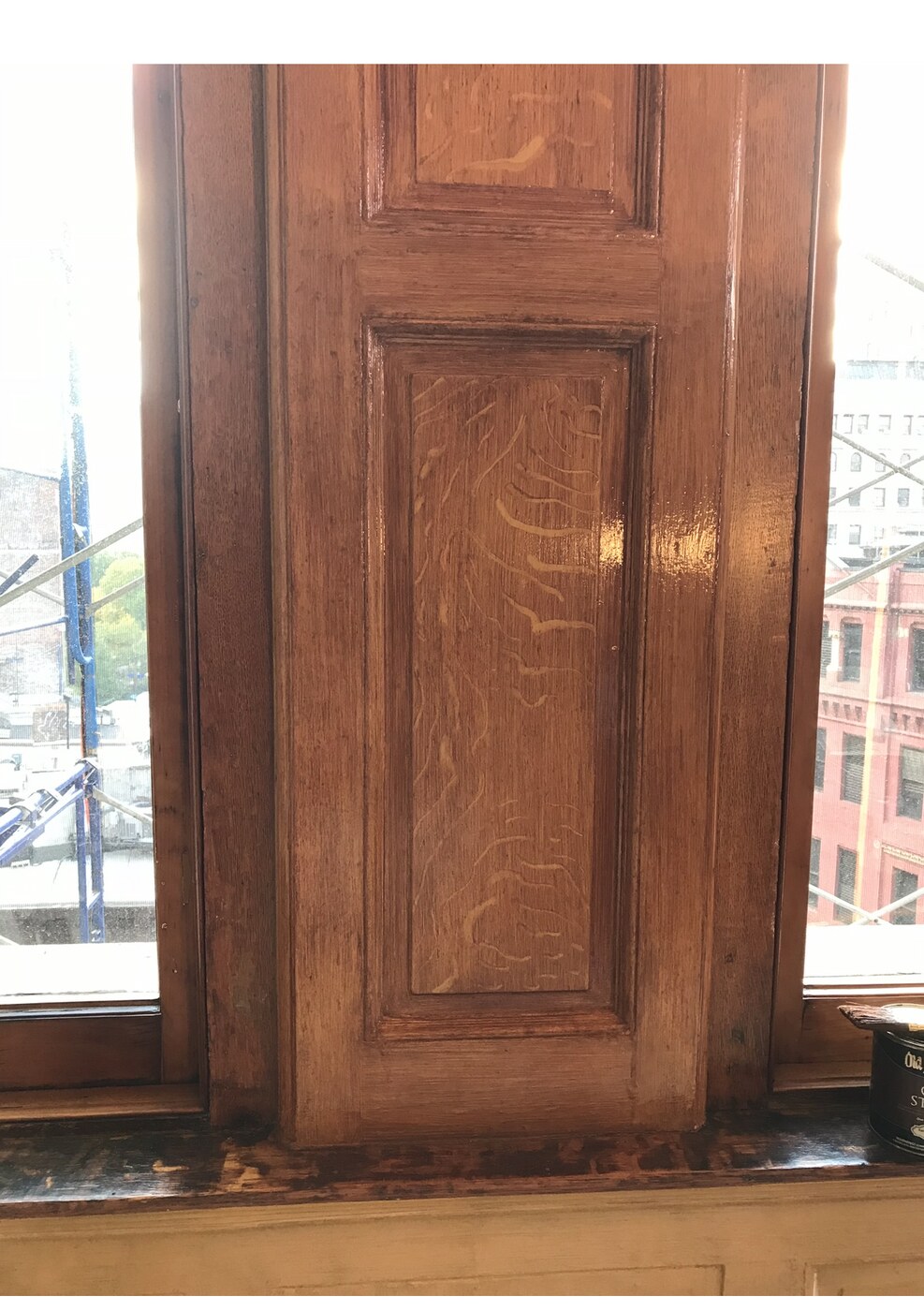 Restored glossy oak paneling, Flatiron, New York City
